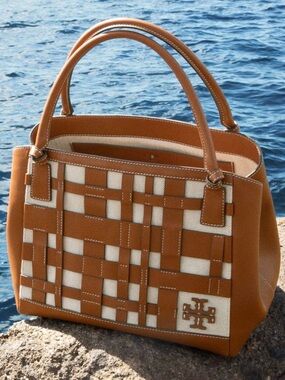 Tory Burch McGraw Satchel Tan and Cream Woven
